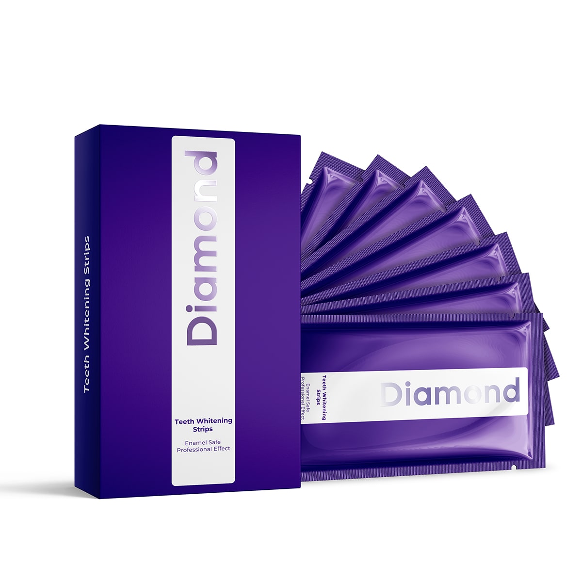 Diamond Smile paarse tandbleekstrips voor thuis bleken met witte achtergrond