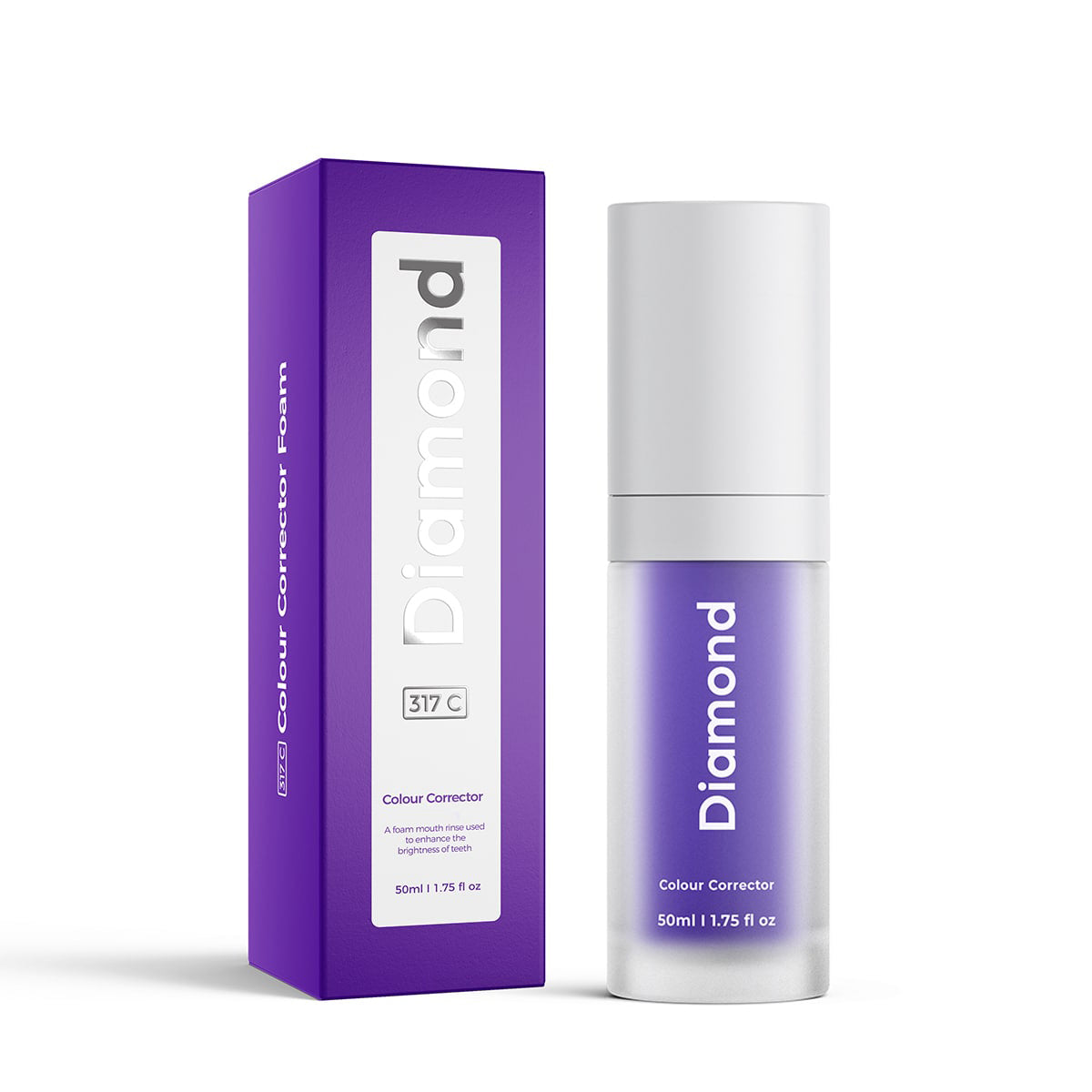 Diamond Smile paars tandbleek kleurcorrectieserum tegen een witte achtergrond